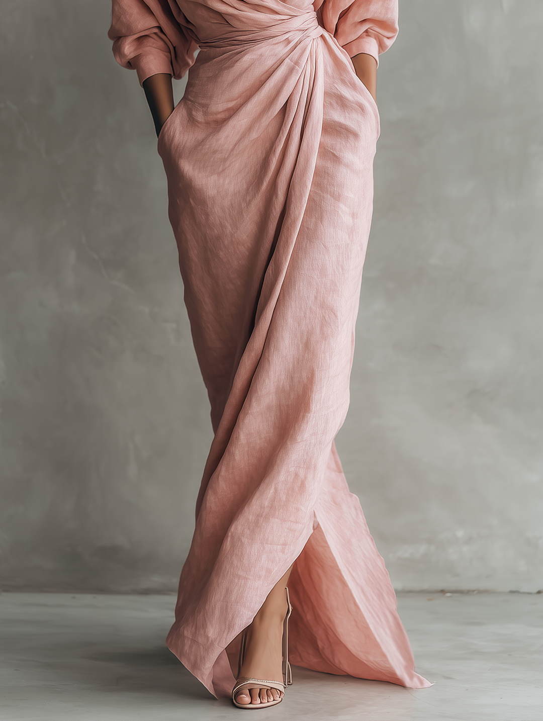 Abito Maxi Minimalista Rosa con scollo a V in misto Lino da Donna