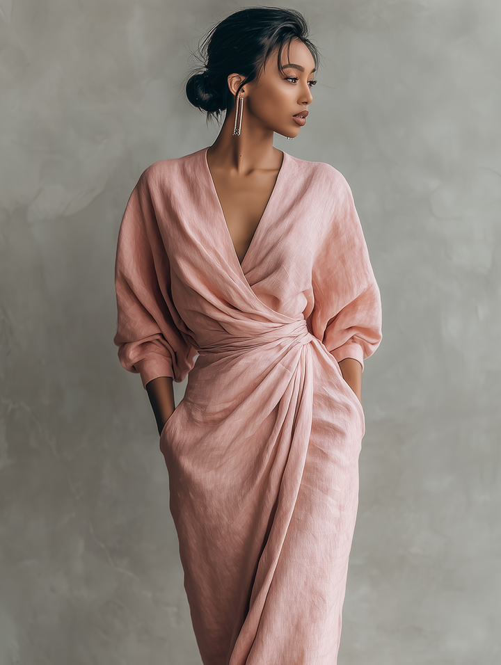 Abito Maxi Minimalista Rosa con scollo a V in misto Lino da Donna
