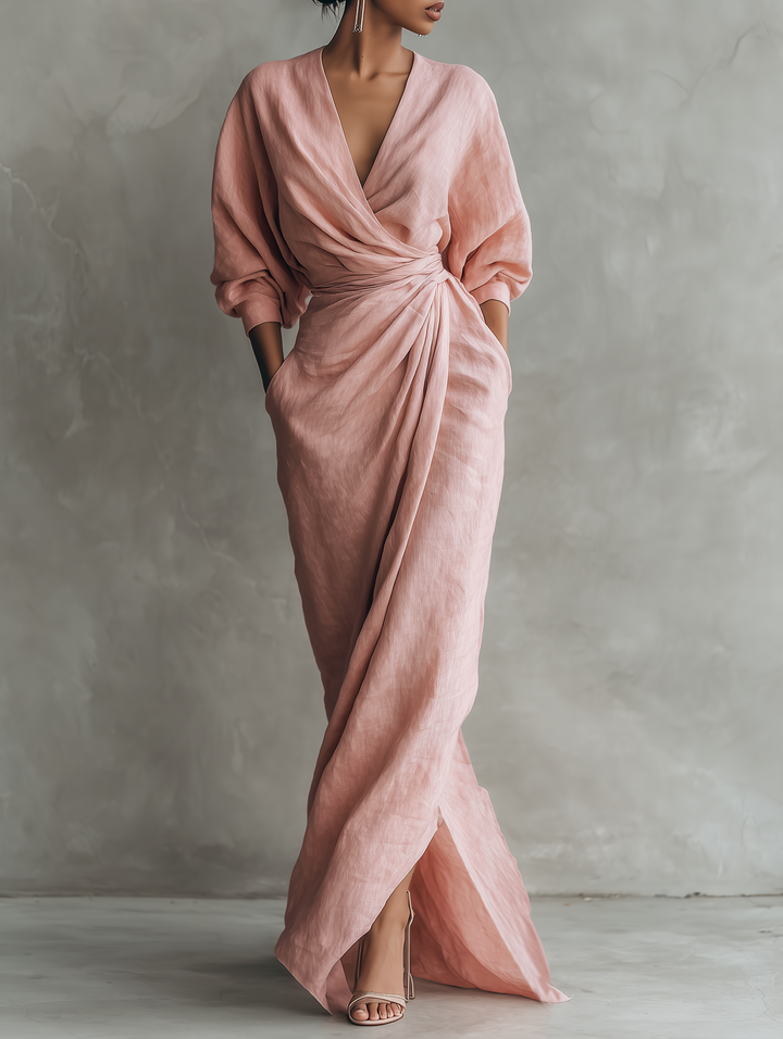 Abito Maxi Minimalista Rosa con scollo a V in misto Lino da Donna